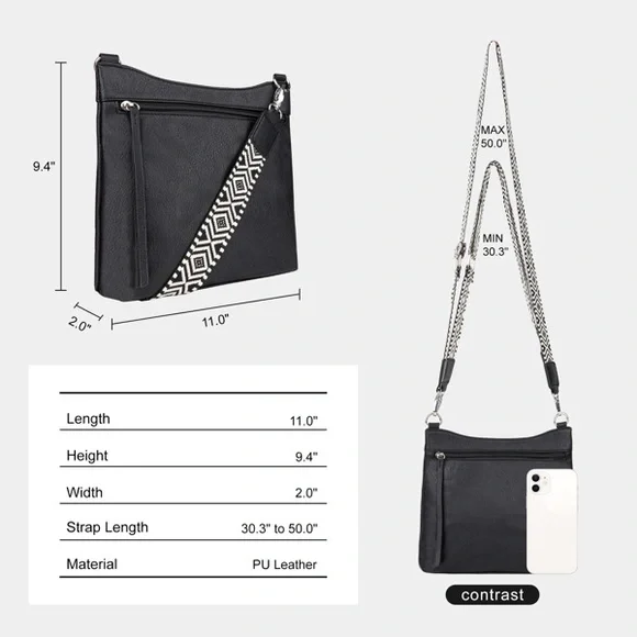 Women’s Black Crossbody Bag with Patterned Strap - Picture 5 of 6